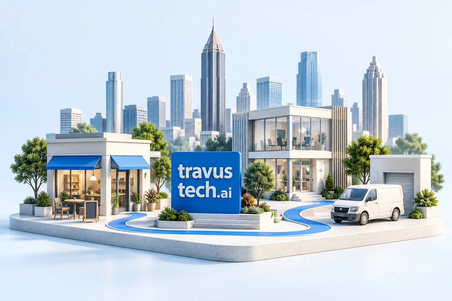 Ilustração conceitual de pequenos negócios conectados à TravusTech.ai, com o horizonte de Atlanta ao fundo.